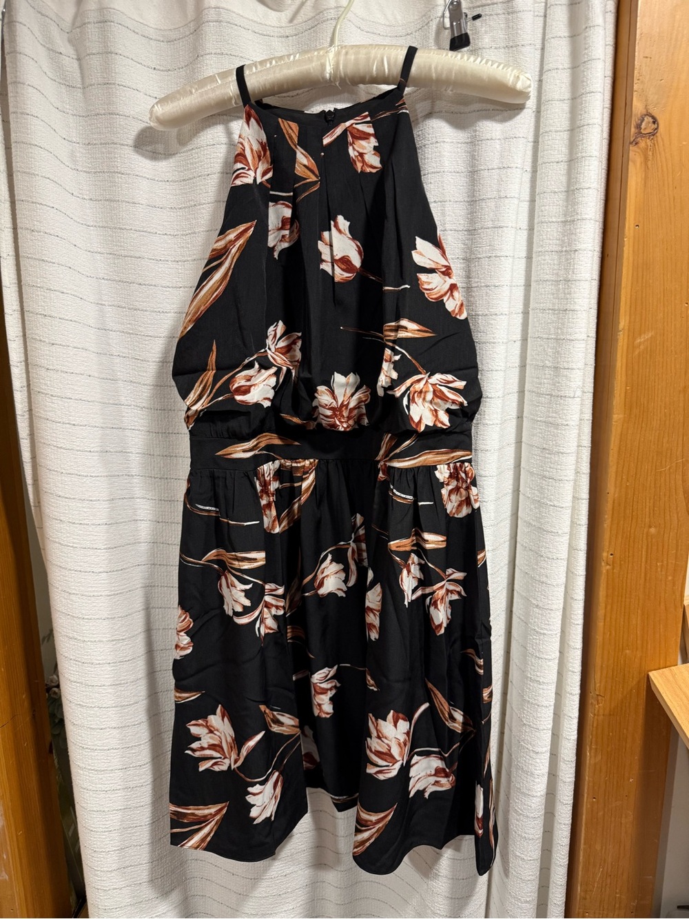 Black Floral Halter Midi Dress with Brown & Cream Blooms